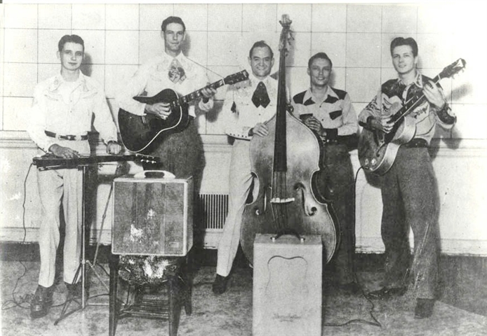 Bob Manning and his Riders of the Silver Sage, Dallas or Paris, Tx. (c.1948) Dude Recording Artists. LtoR Bobby Koefer, Johnny Rector, Bob Manning, Pee Wee Reid, Bill Carson.