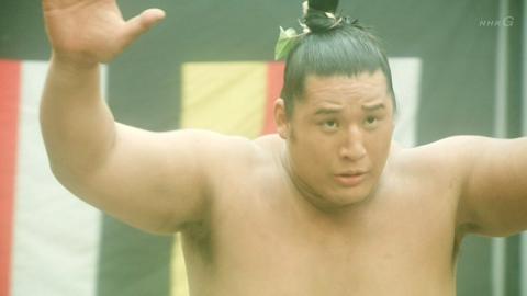 髷に葉っぱを挿している