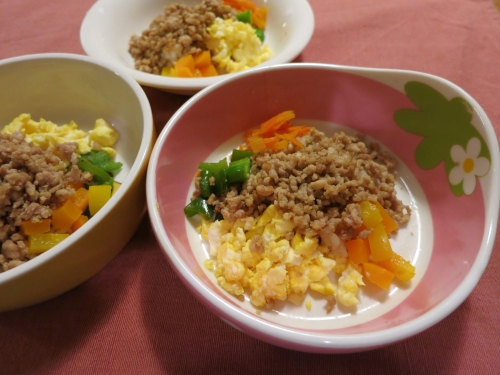夜ご飯 4色のそぼろ丼