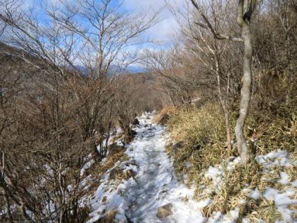 踏み跡は凍結、滑って尻餅