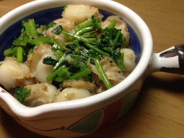 帆立とクレソンのにんにくバター炒め