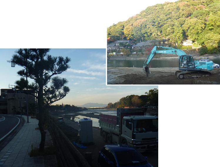 河川工事 後方に愛宕山