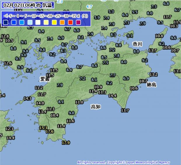 2014年2月2日06時の南海道の気温分布