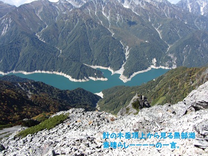 頂上から望む黒部ダム湖