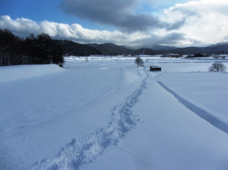 私だけが通った道、一歩一歩雪の中を歩く道