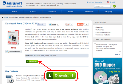 Daniusoft DVD to PC Ripper ダウンロードページ