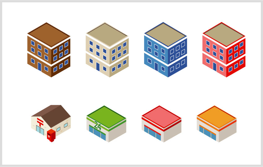 立体的な建物illustratorデータ その2 ビル 郵便局 コンビニエンスストアなど マップラボ 地図アイコンを無料ダウンロード Maplab